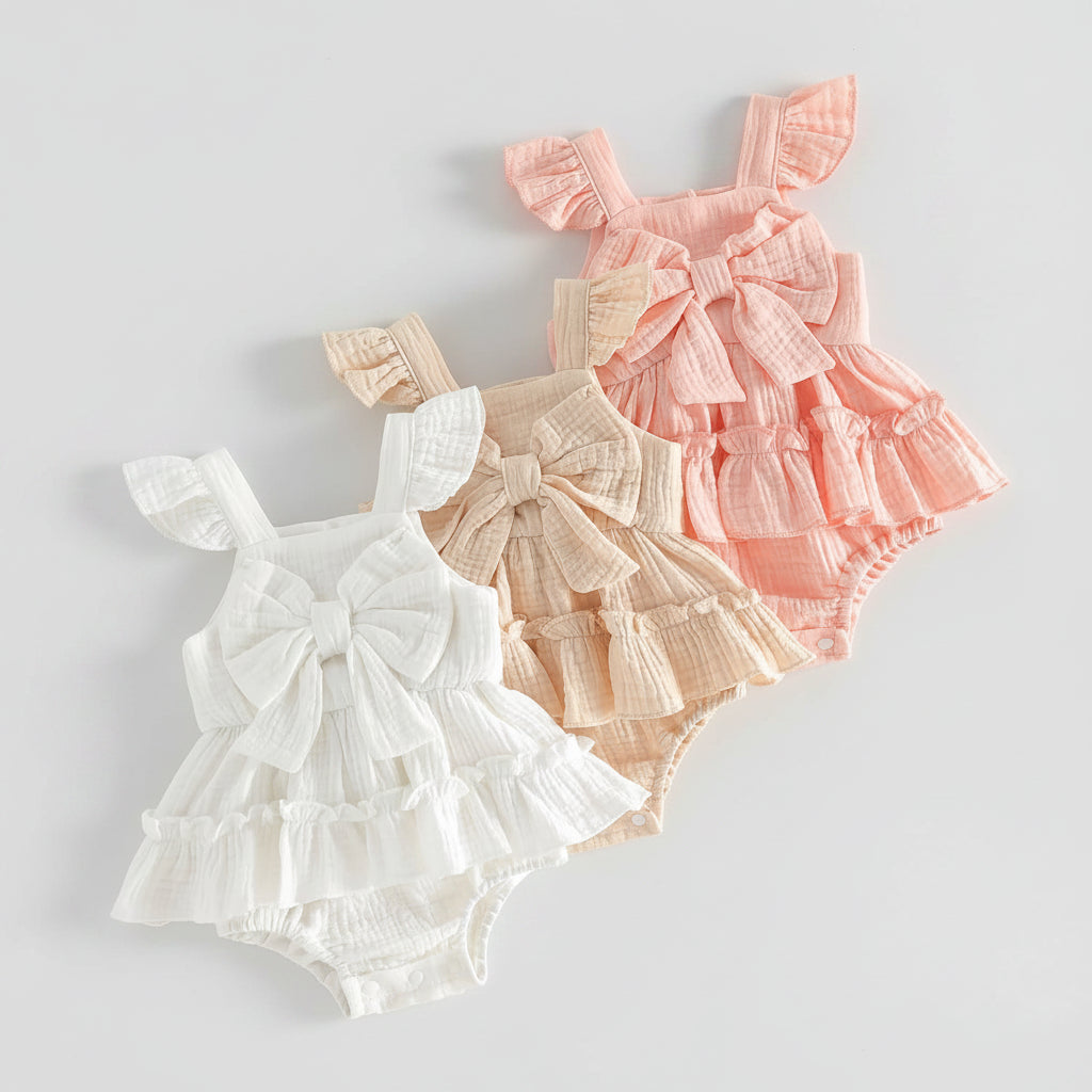 Ruffled Bow Sleeveless Romper Set White Beige Pink