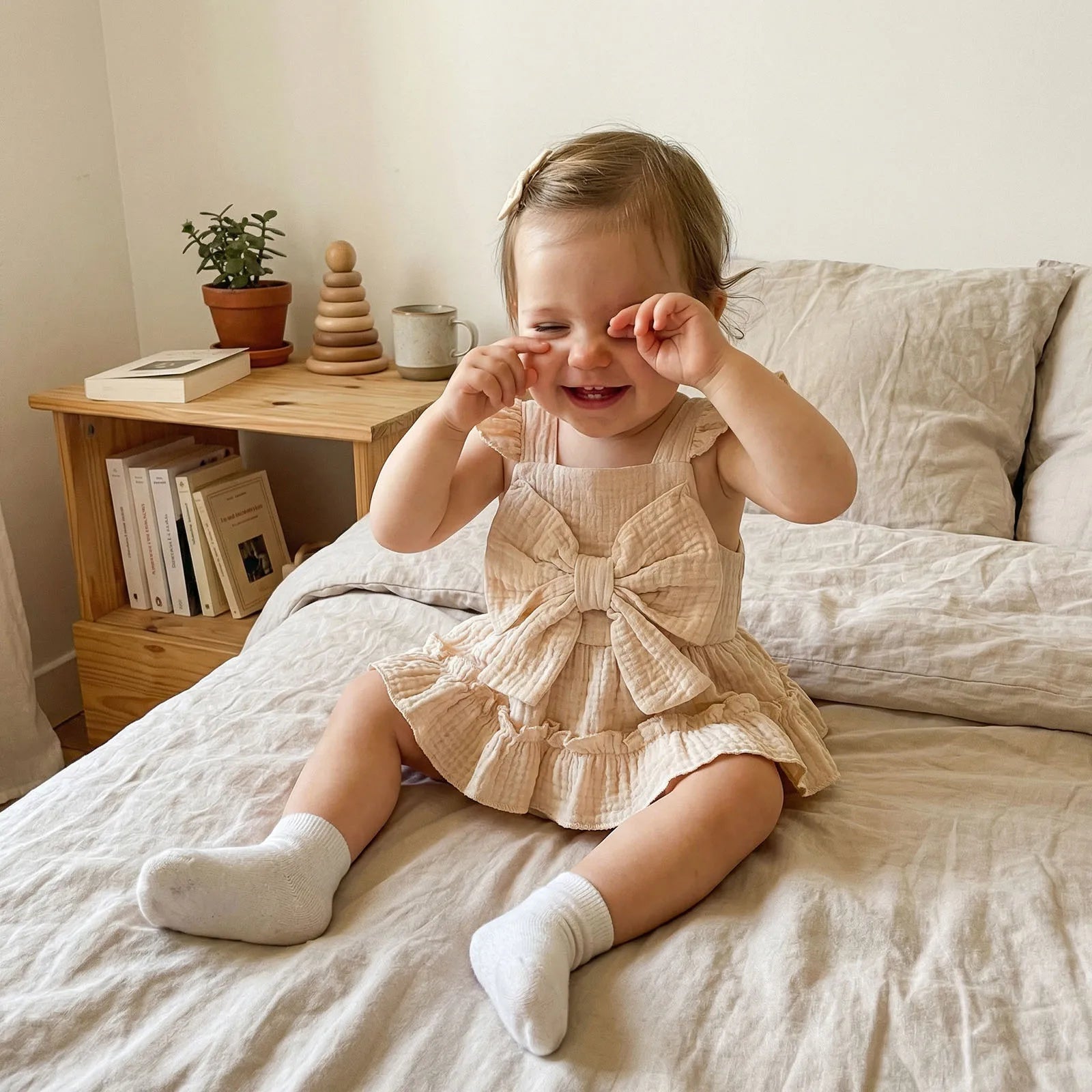 Ruffled Bow Sleeveless Romper Set White Beige Pink