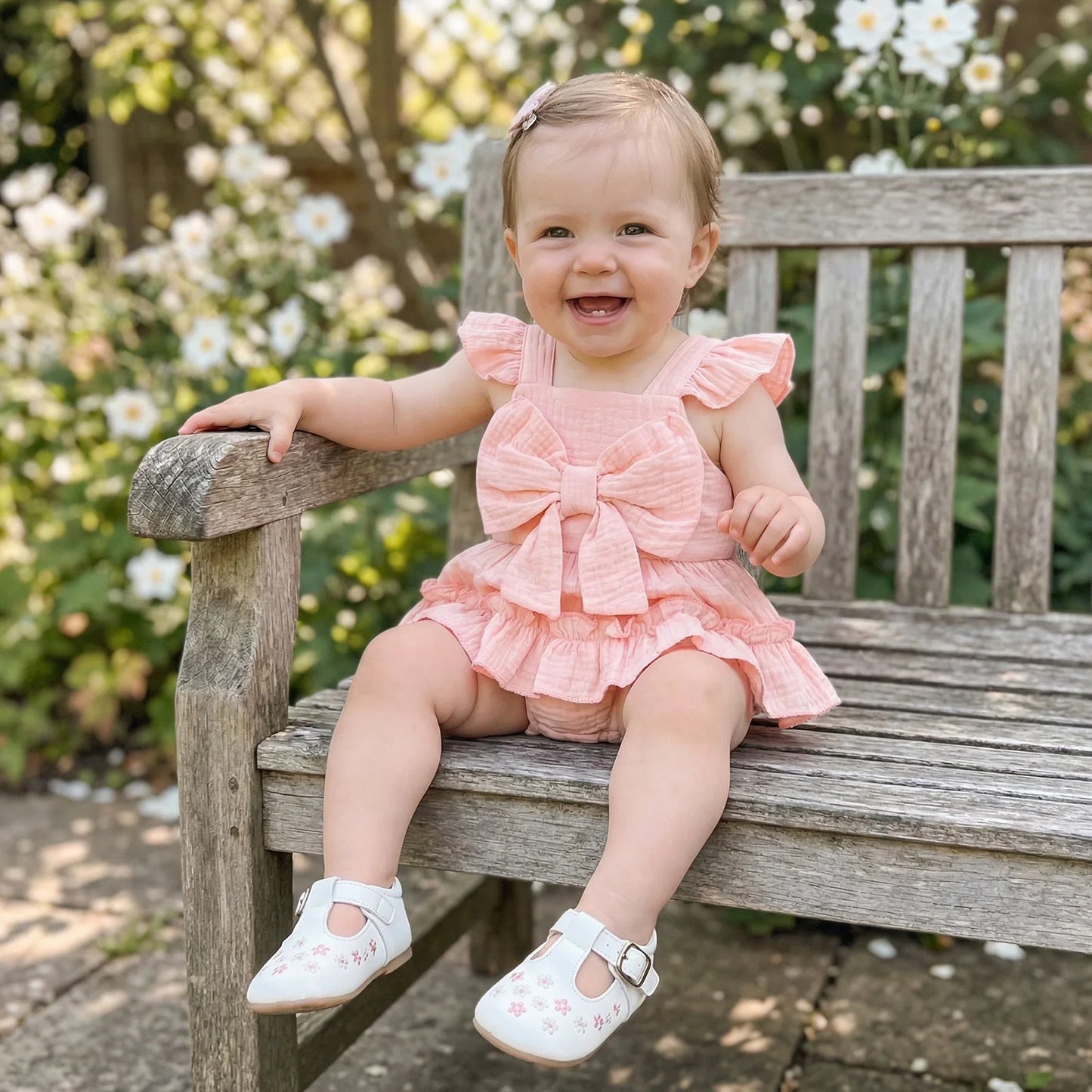 Ruffled Bow Sleeveless Romper Set White Beige Pink