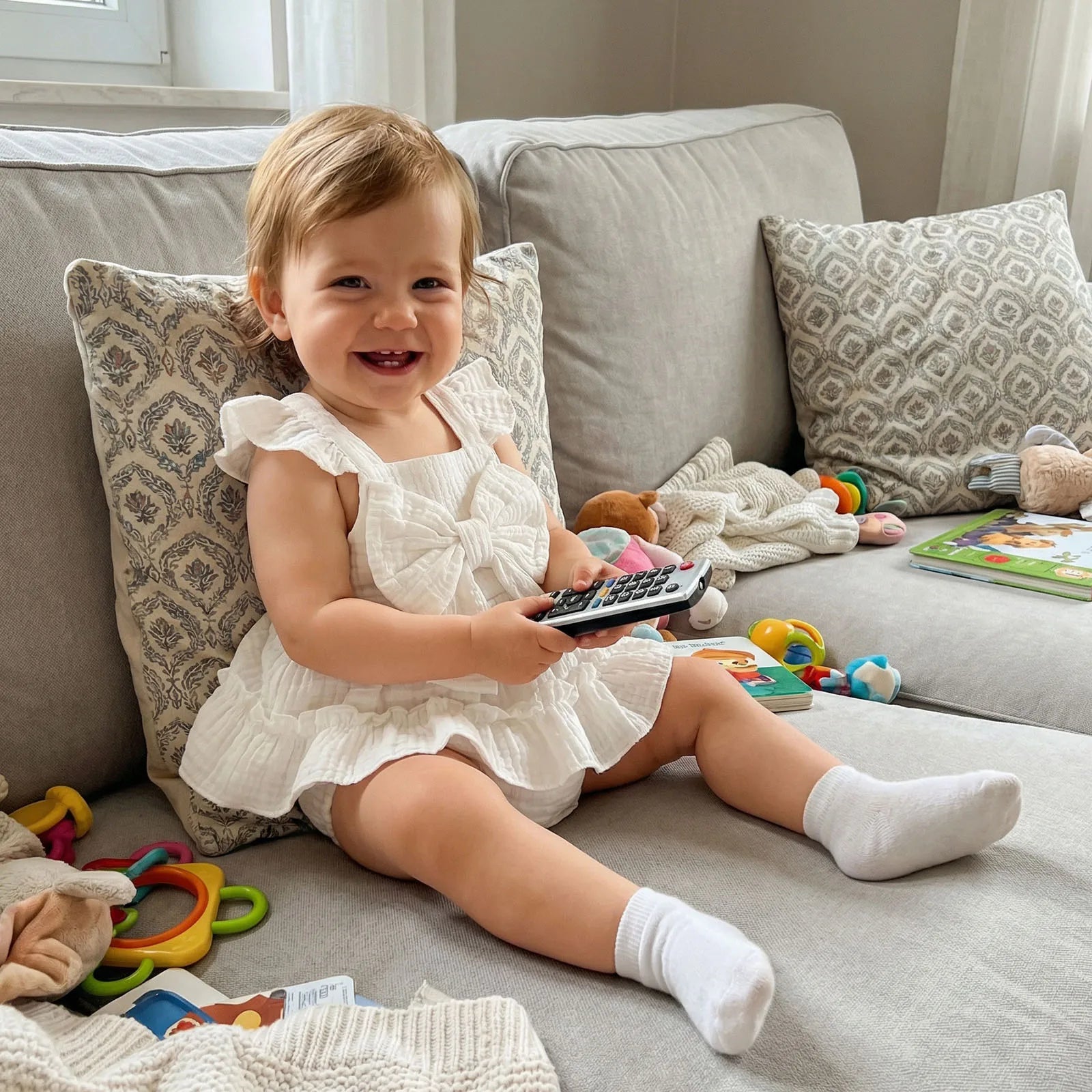 Ruffled Bow Sleeveless Romper Set White Beige Pink