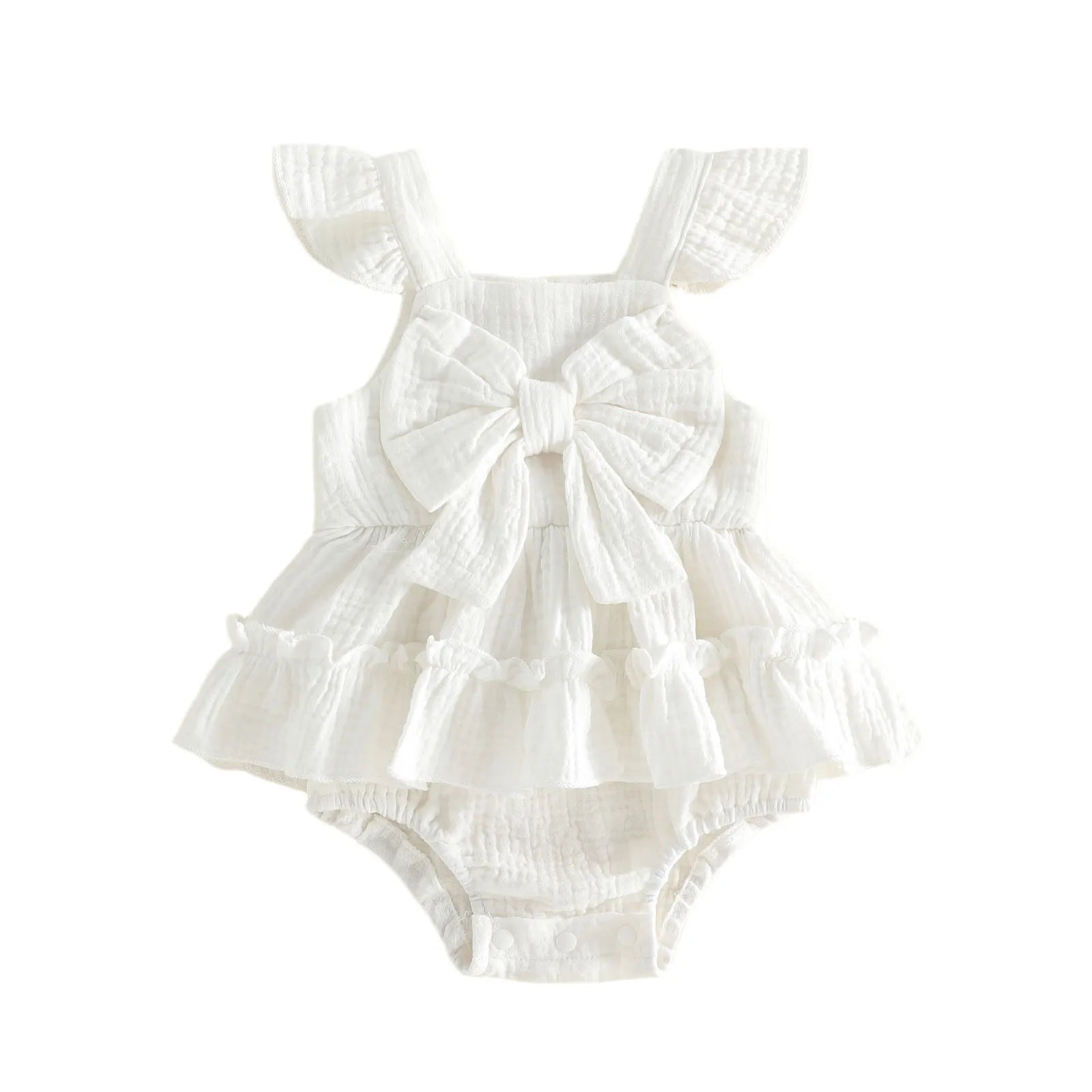 Ruffled Bow Sleeveless Romper Set White Beige Pink
