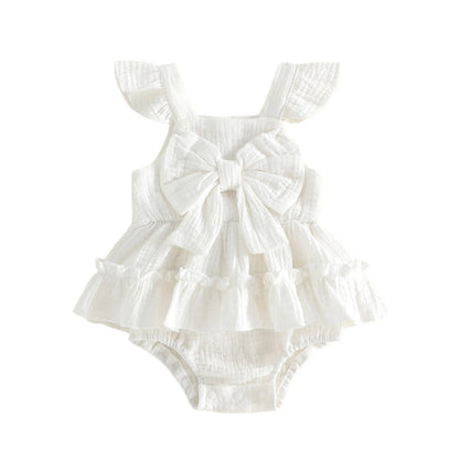 Ruffled Bow Sleeveless Romper Set White Beige Pink