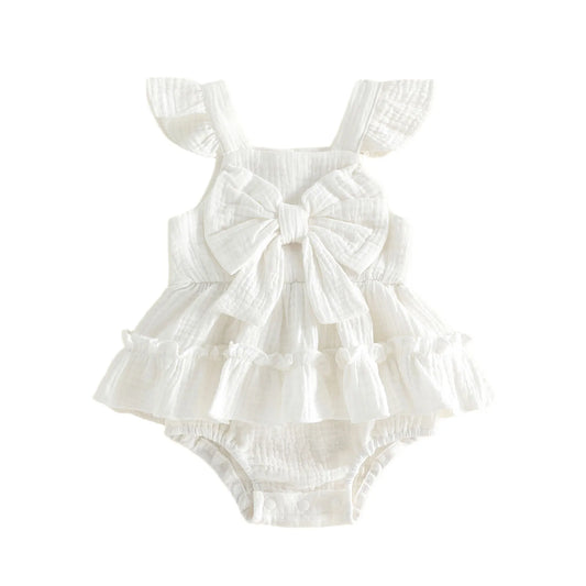Ruffled Bow Sleeveless Romper Set White Beige Pink