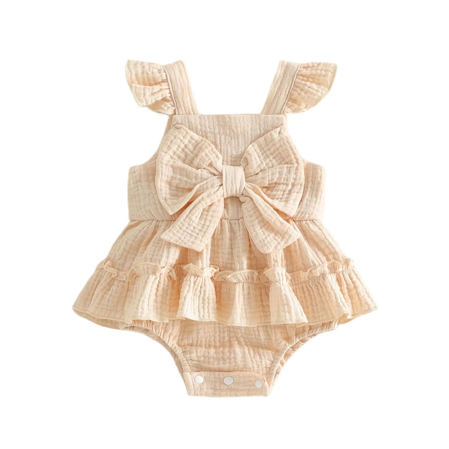 Ruffled Bow Sleeveless Romper Set White Beige Pink