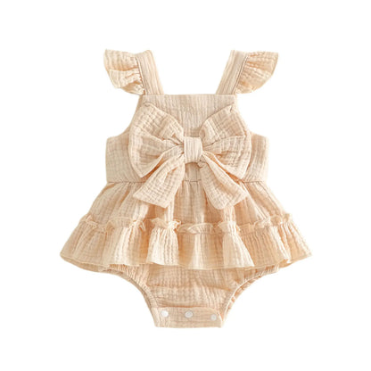 Ruffled Bow Sleeveless Romper Set White Beige Pink