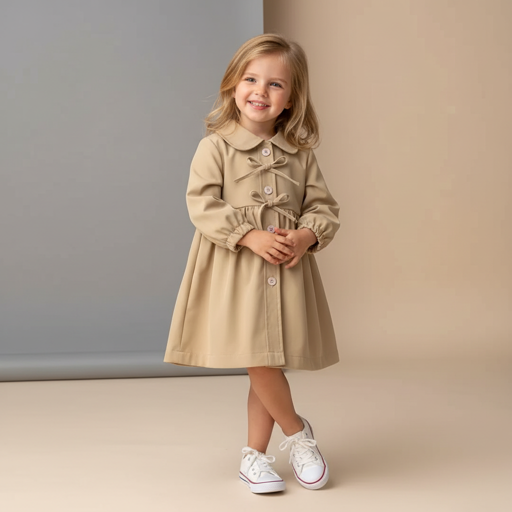 100% Cotton Beige Button Front Dress With Tie Collar