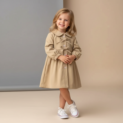 100% Cotton Beige Button Front Dress With Tie Collar