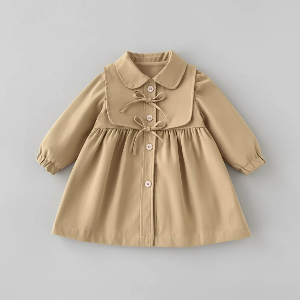 100% Cotton Beige Button Front Dress With Tie Collar