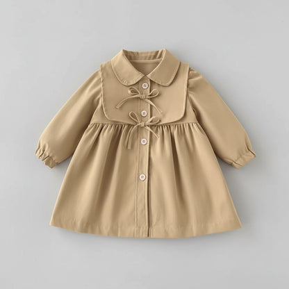 100% Cotton Beige Button Front Dress With Tie Collar