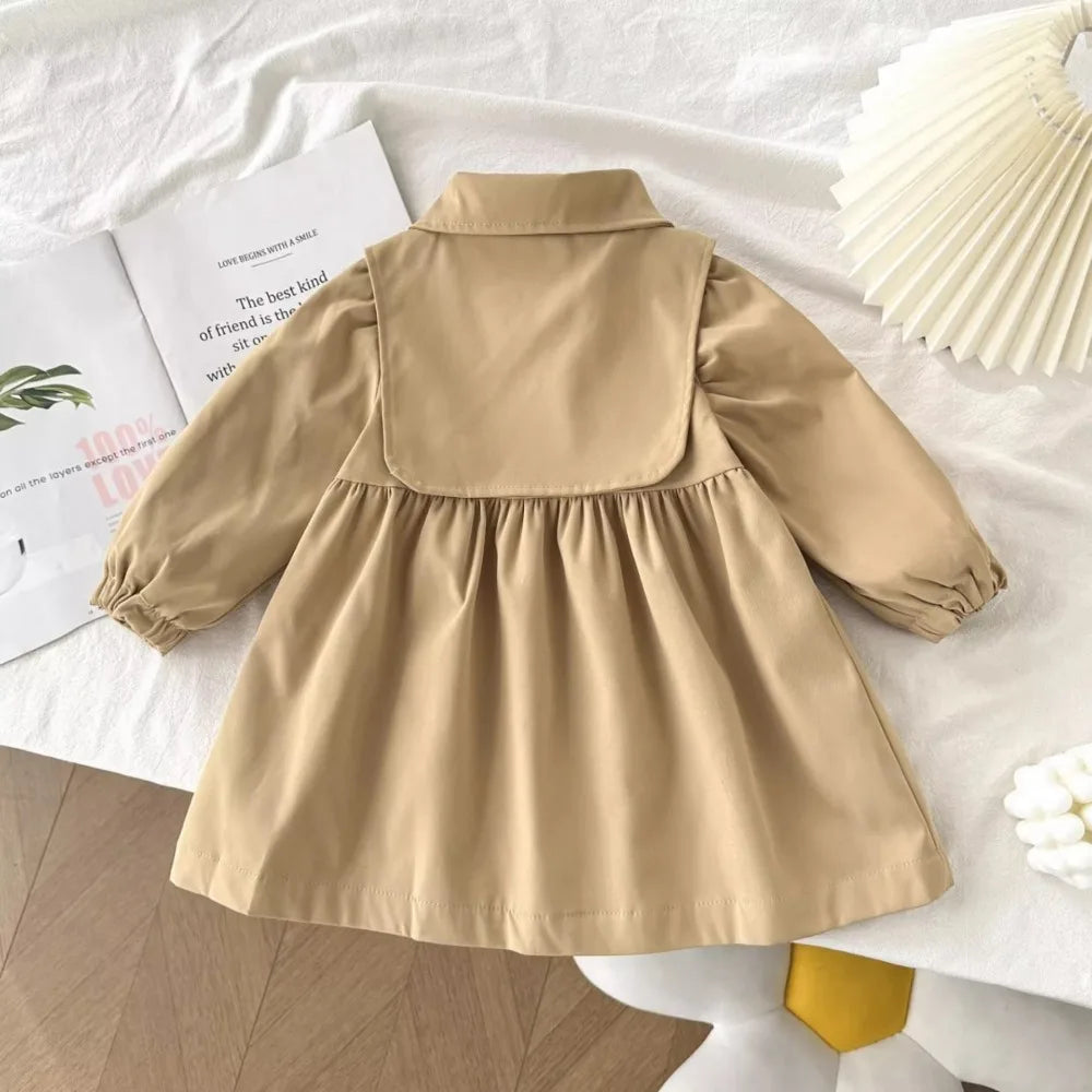100% Cotton Beige Button Front Dress With Tie Collar