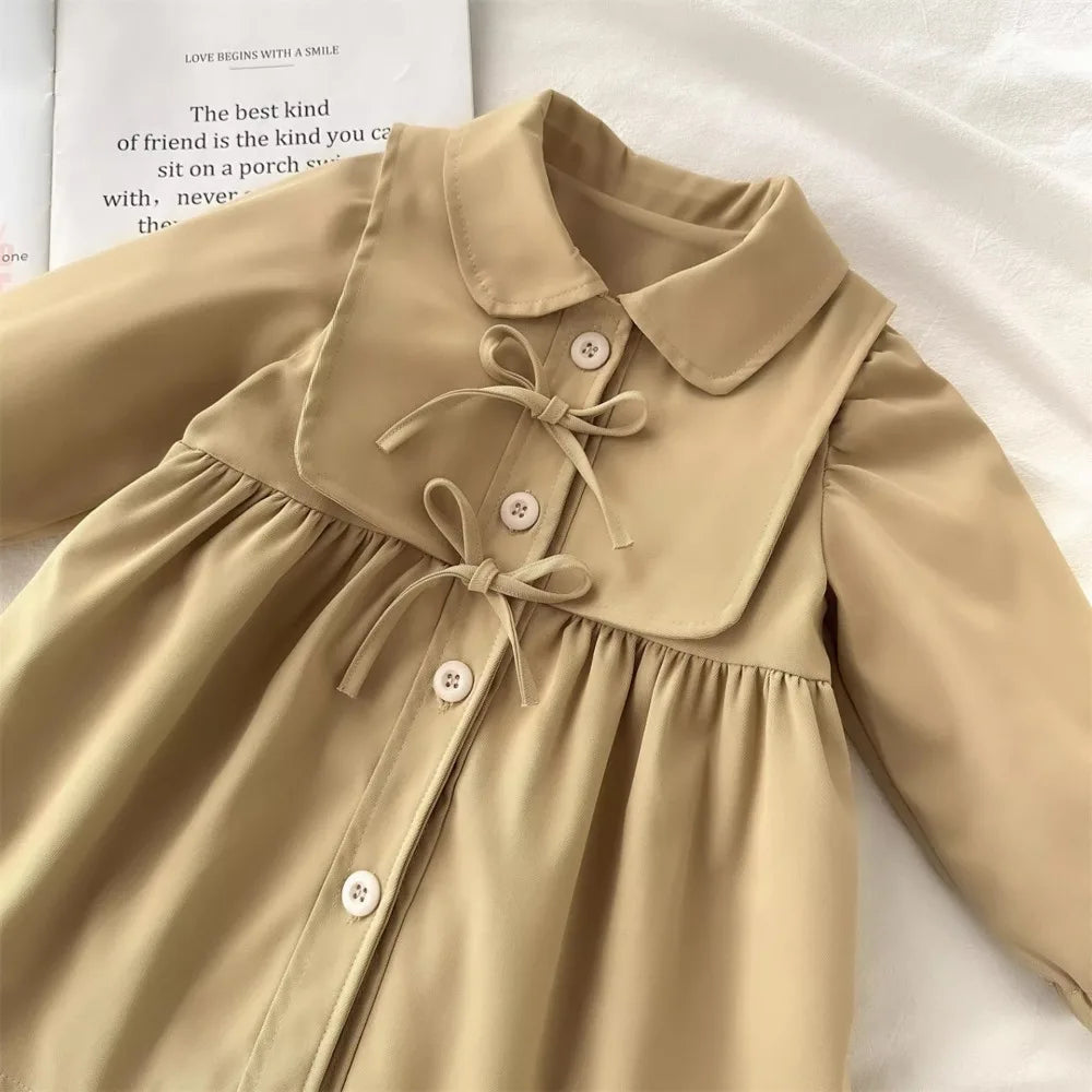 100% Cotton Beige Button Front Dress With Tie Collar