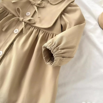 100% Cotton Beige Button Front Dress With Tie Collar