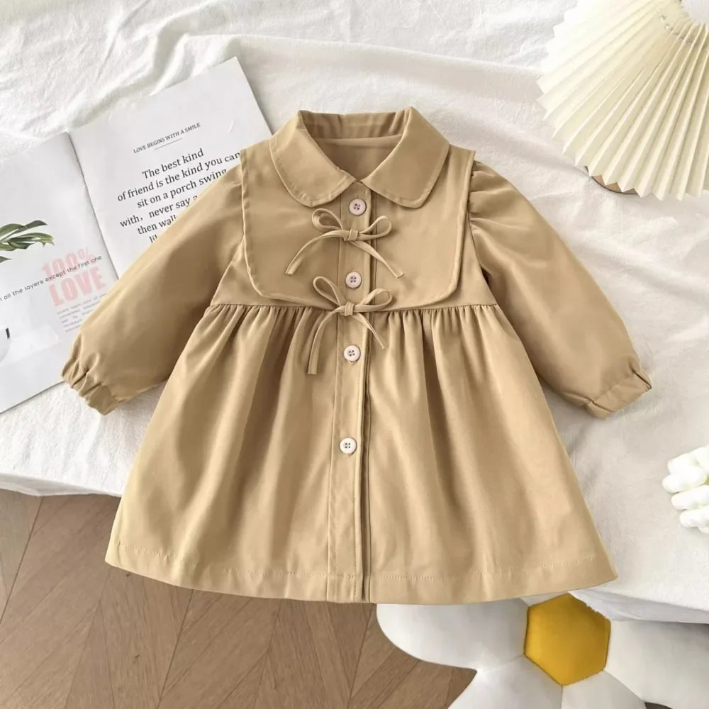 100% Cotton Beige Button Front Dress With Tie Collar