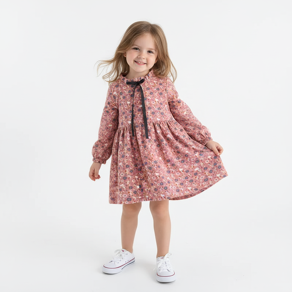 Floral Ruffle Collar Dress With Ribbon Detail