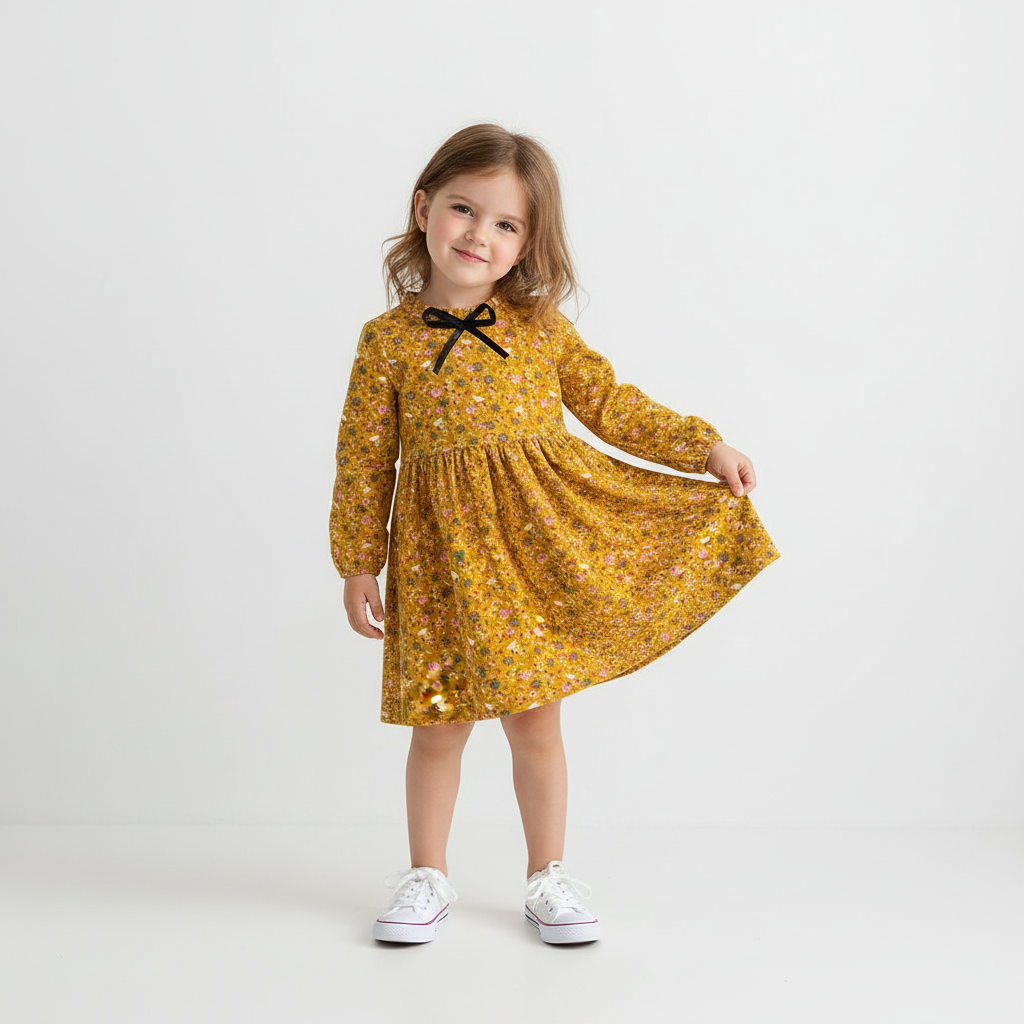 Floral Ruffle Collar Dress With Ribbon Detail