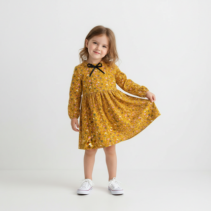 Floral Ruffle Collar Dress With Ribbon Detail