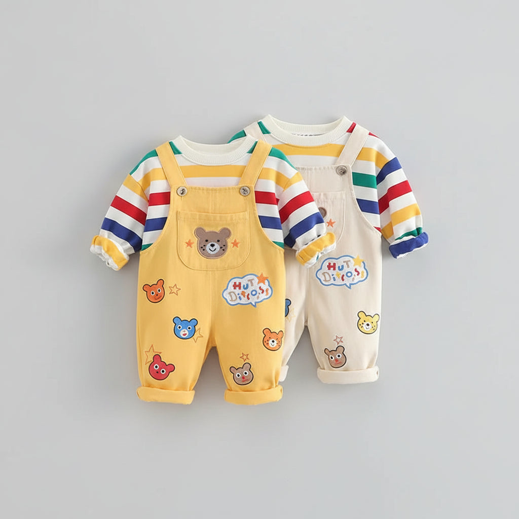 Striped Shirt & Bear Applique Overalls Set