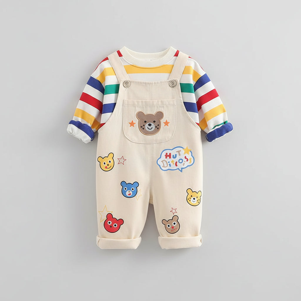 Striped Shirt & Bear Applique Overalls Set