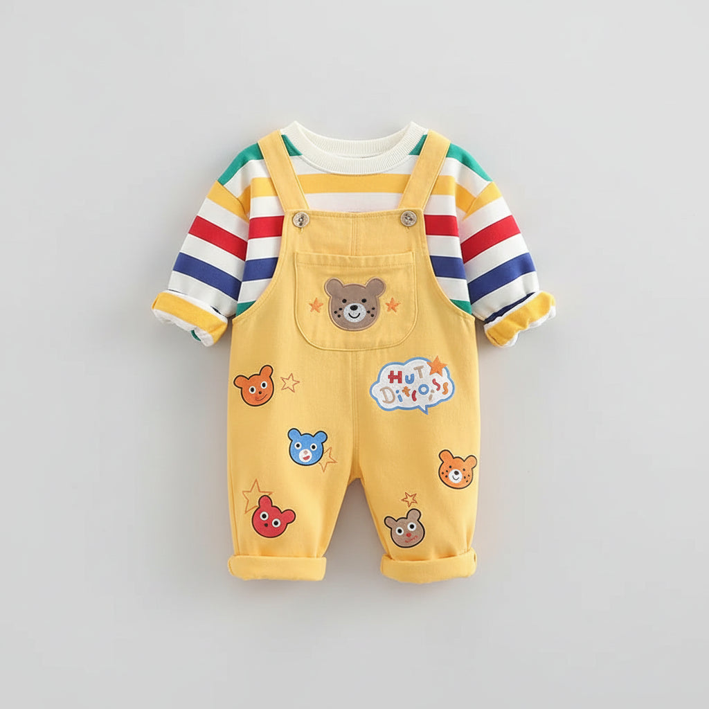 Striped Shirt & Bear Applique Overalls Set